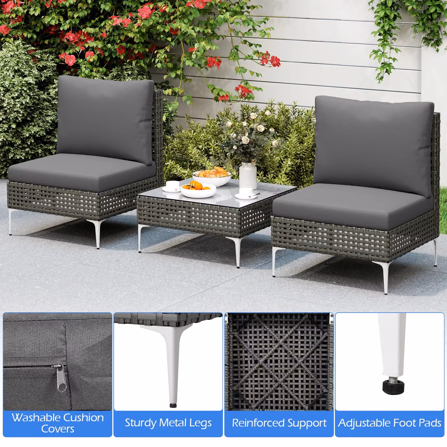 Gymax 3 Piece Grey PE Rattan Patio Bistro Set with Metal Coffee Table – 7