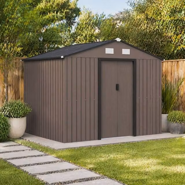 STILVORA Metal Pent Garden Shed in Brown with Lockable Double Doors, W/D/H: 274.32 x 184.0 x 192.0 cm