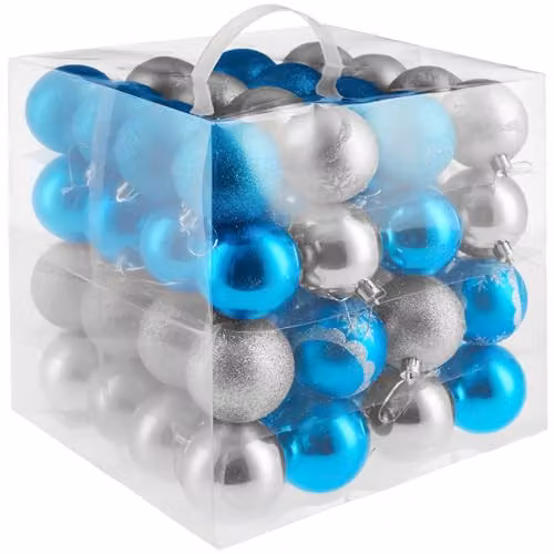 tectake 64-Pack Christmas Baubles in Blue and Silver with Glossy, Glittery and Snowflake Designs