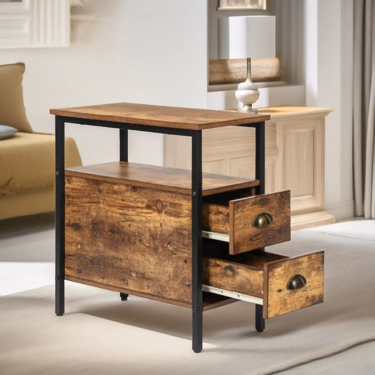 Pirlo Plush Bedside Table with 2 Drawers in Rustic Brown and Black – 4
