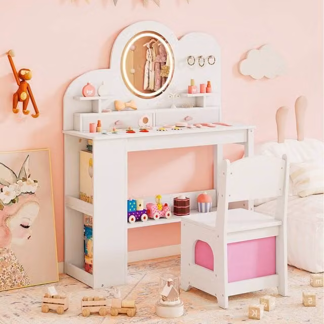 Costway Kids Makeup Dressing Table Set with Hollywood LED Mirror in White
