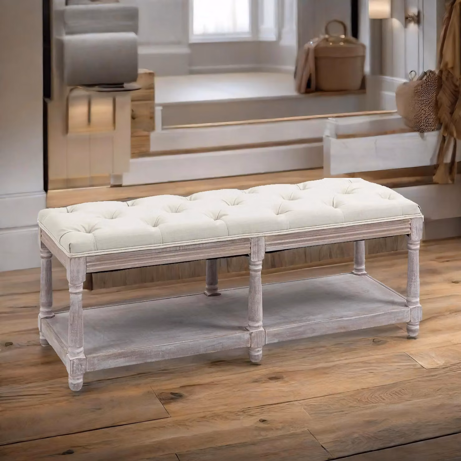 Rafaelo Mobilia Upholstered Wooden Bench Seat with Shoe Rack Shelf in Cream White and Light Brown, W/D/H: 120 x 40 x 48 cm – 3