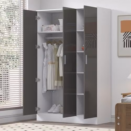 Reflect 3 Door Plain Wardrobe in Grey Gloss and Matt White with Hanging Rail and Internal Shelves, H 180 cm x W 113 cm x D 47 cm – 2