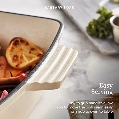 Barbary & Oak BO800258CRM Rectangular Cast Iron Roaster with Enamel Interior, Beige – 6