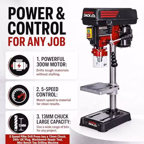 Lumberjack 5 Speed Benchtop Pillar Drill Press in Red – 2
