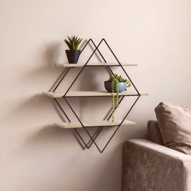 Orsina 3 Tier Rhombus Wall Mounted Shelves in Natural and Black
