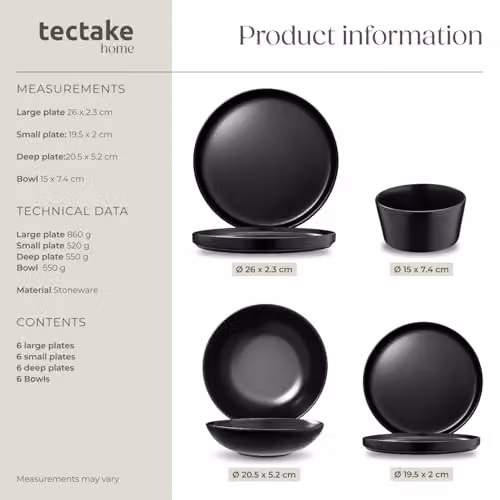 tectake 24-Piece Black Stoneware Dinnerware Set for 6 People – 6