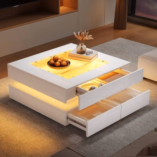 Matteo High-Gloss LED Coffee Table with Glass Top and 3 Drawers, White, W/D/H: 70 x 70 x 35 cm – 1