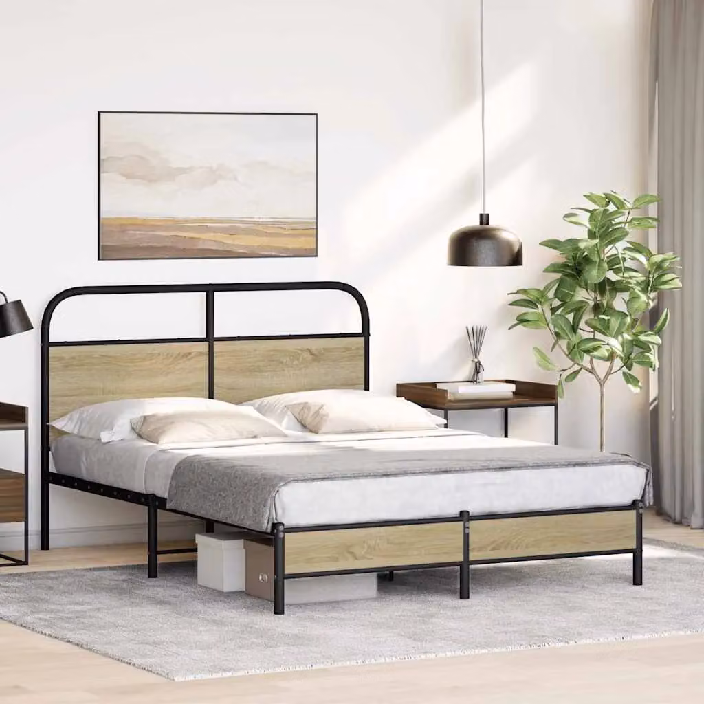 Berkfield Home Bed Frame in Sonoma Oak and Brown Engineered Wood with Metal Accents, W: 140 cm, L: 200 cm – 2