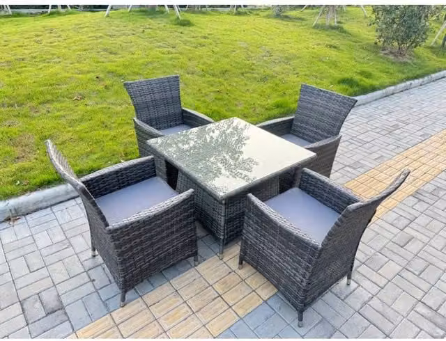 Fimous 4-Seater Rattan Garden Dining Set with Rectangular Glass Top Table and Chairs in Dark Grey – 1