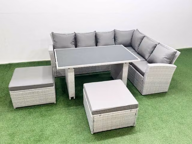 Fimous 8 Seater Wicker Rattan Corner Sofa Garden Furniture Set in Light Grey