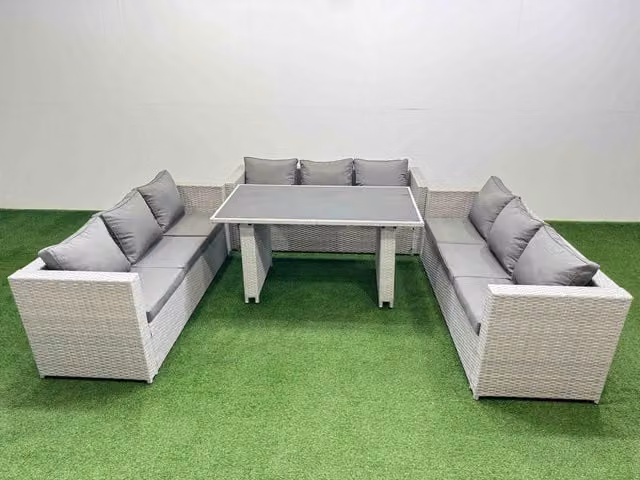 Fimous Modern Rattan Garden Furniture Set with 2 Side Tables in Light Grey