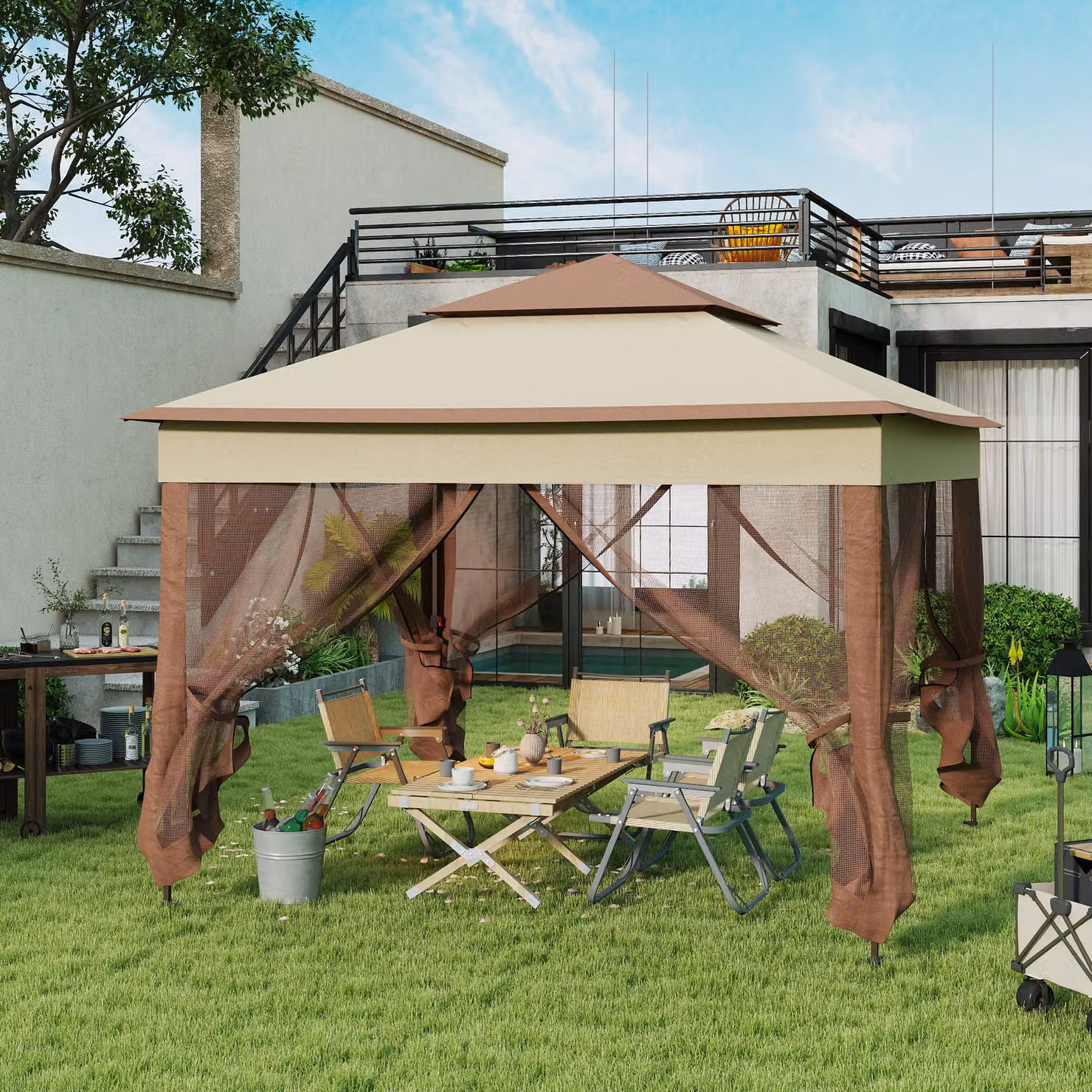Outsunny Pop Up Gazebo with Double Roof, Netting and Carry Bag, Beige, W: 300 cm, D: 300 cm, H: 270 cm – 2