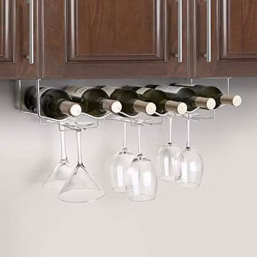 Final Touch Silver Under Cabinet Wine and Glass Rack with 6 Bottle Capacity