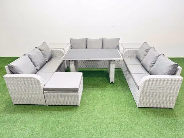 Fimous Modern Rattan Garden Furniture Set in Light Grey with 2 Side Tables and Big Stool