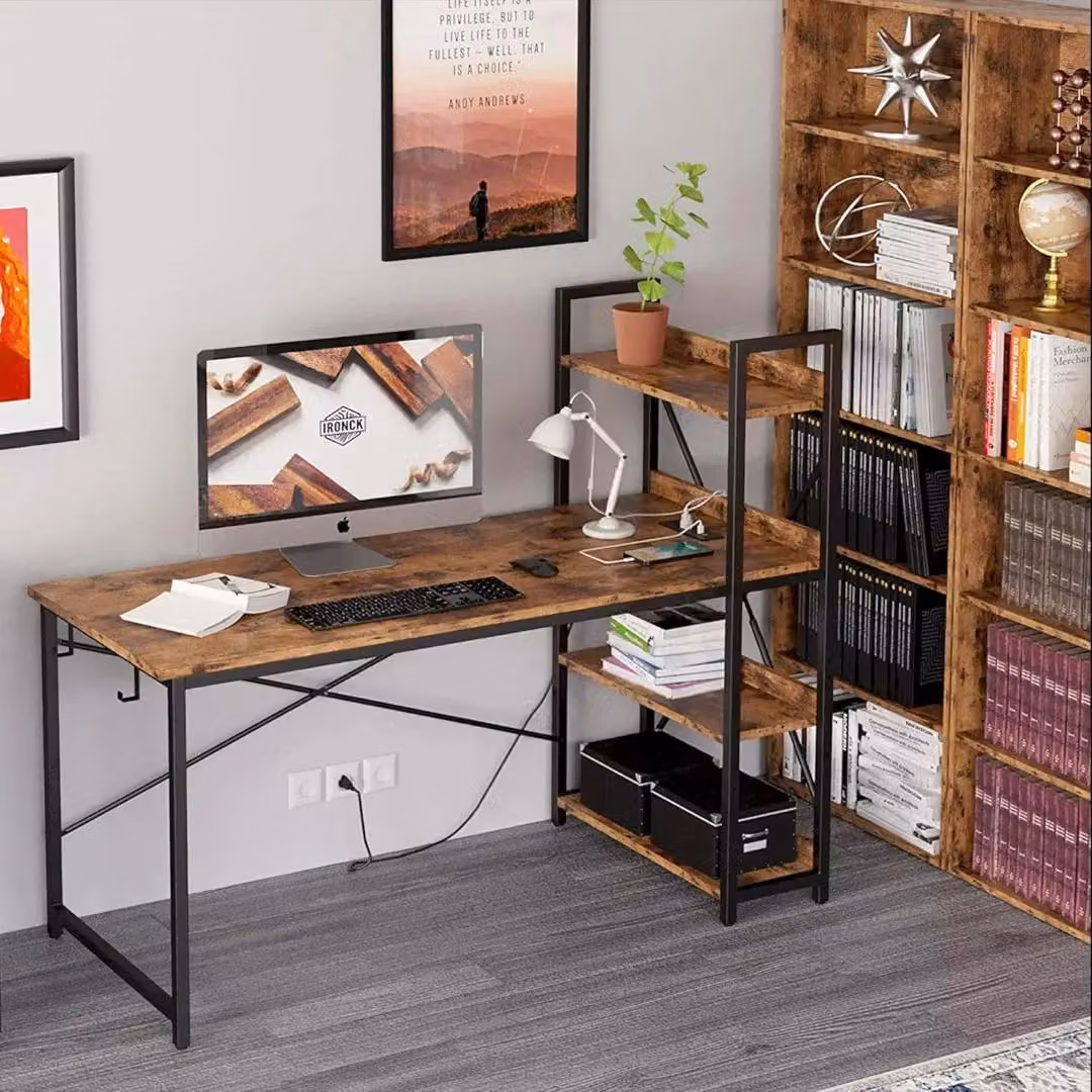 Hygrad Industrial 4 Tier Wooden Computer Desk with UK Sockets and USB Ports, Brown, W: 121.0 cm, D: 60.0 cm, H: 18.0 cm – 2