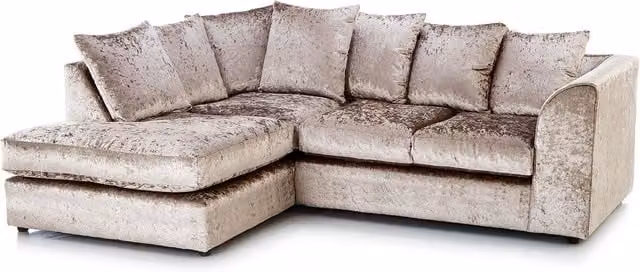 Furnishings For Less UK Crystal Crushed Velvet 3 to 4 Seater L Shaped Corner Sofa, Left Hand Facing, Beige