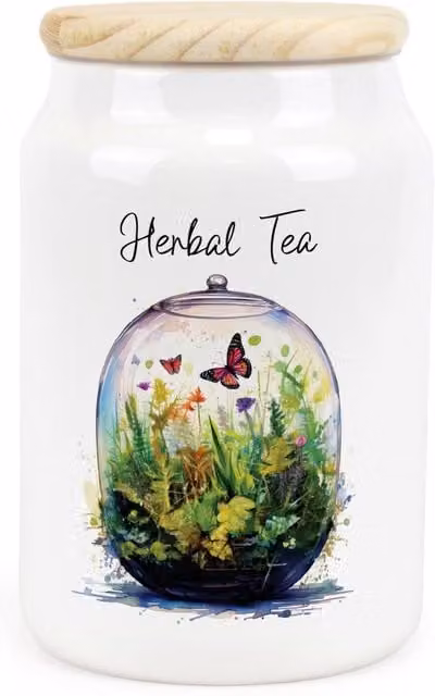 Purely Home Floral Ceramic Herbal Tea Storage Canister in Green and White