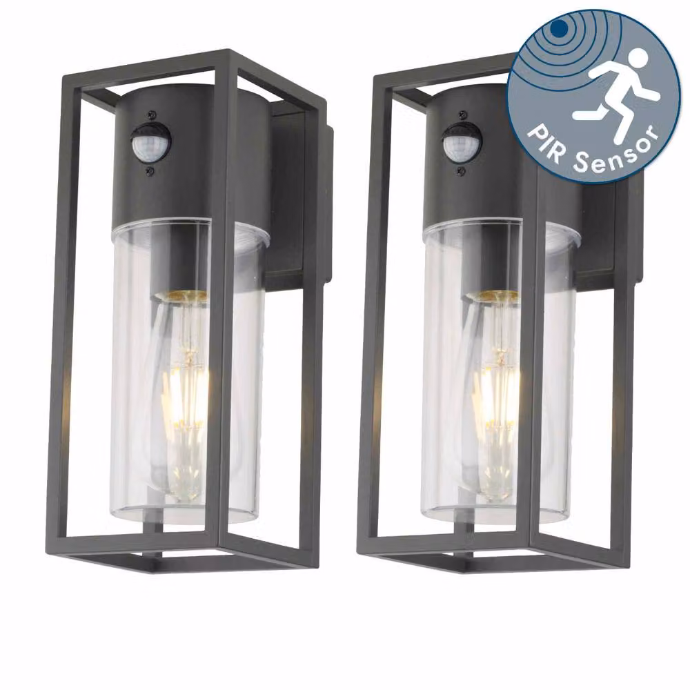 First Choice Lighting Hale Set of 2 Black Outdoor Motion Sensor Security Wall Lights with Timer, IP44 Rated Metal and Glass Construction – 2