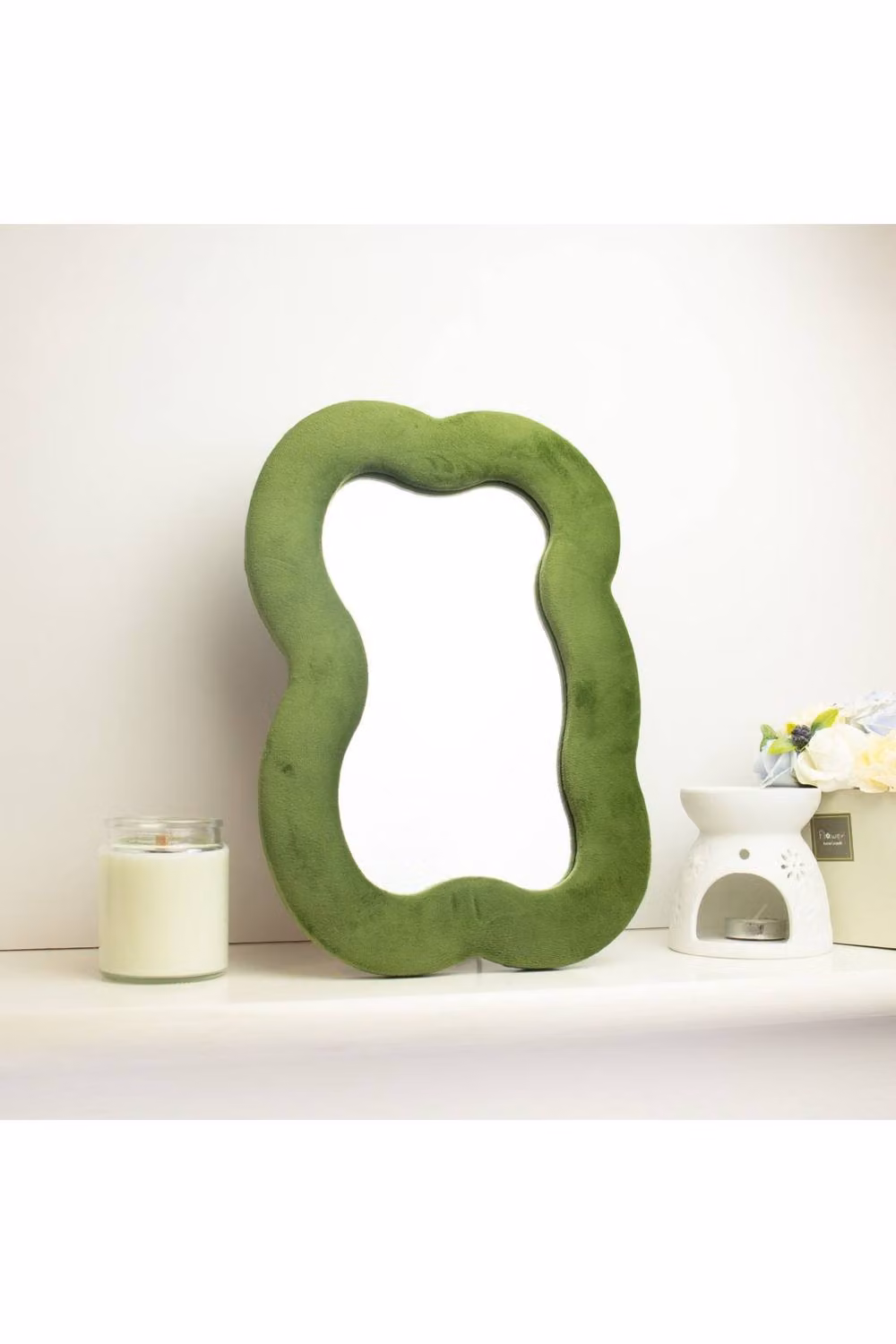 KDMD Large Cloud Soft Squiggly Wall Mirror in Moss Green, W: 33.4 cm, H: 23.5 cm, D: 2.3 cm – 2