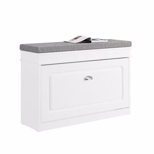 SoBuy Shoe Storage Bench with Fabric Seat Cushion and Flip Drawer, Grey and White, W/D/H: 75 x 24 x 51 cm
