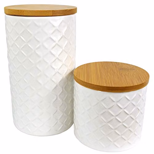 Leaf Set of Two Embossed Ceramic Storage Jars with Bamboo Lids in Beige and White