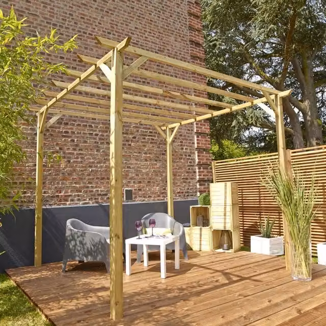Cerland Rustic Pine Wood Pergola in Brown, W/D/H: 300 x 240 x 300 cm
