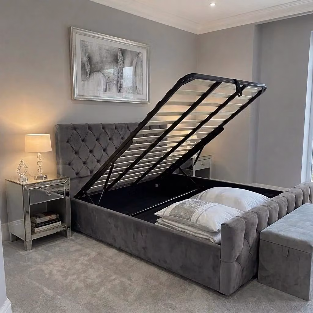 BEDS NK LTD Florida Upholstered Velvet Bed Frame with Lift Up Base in Grey