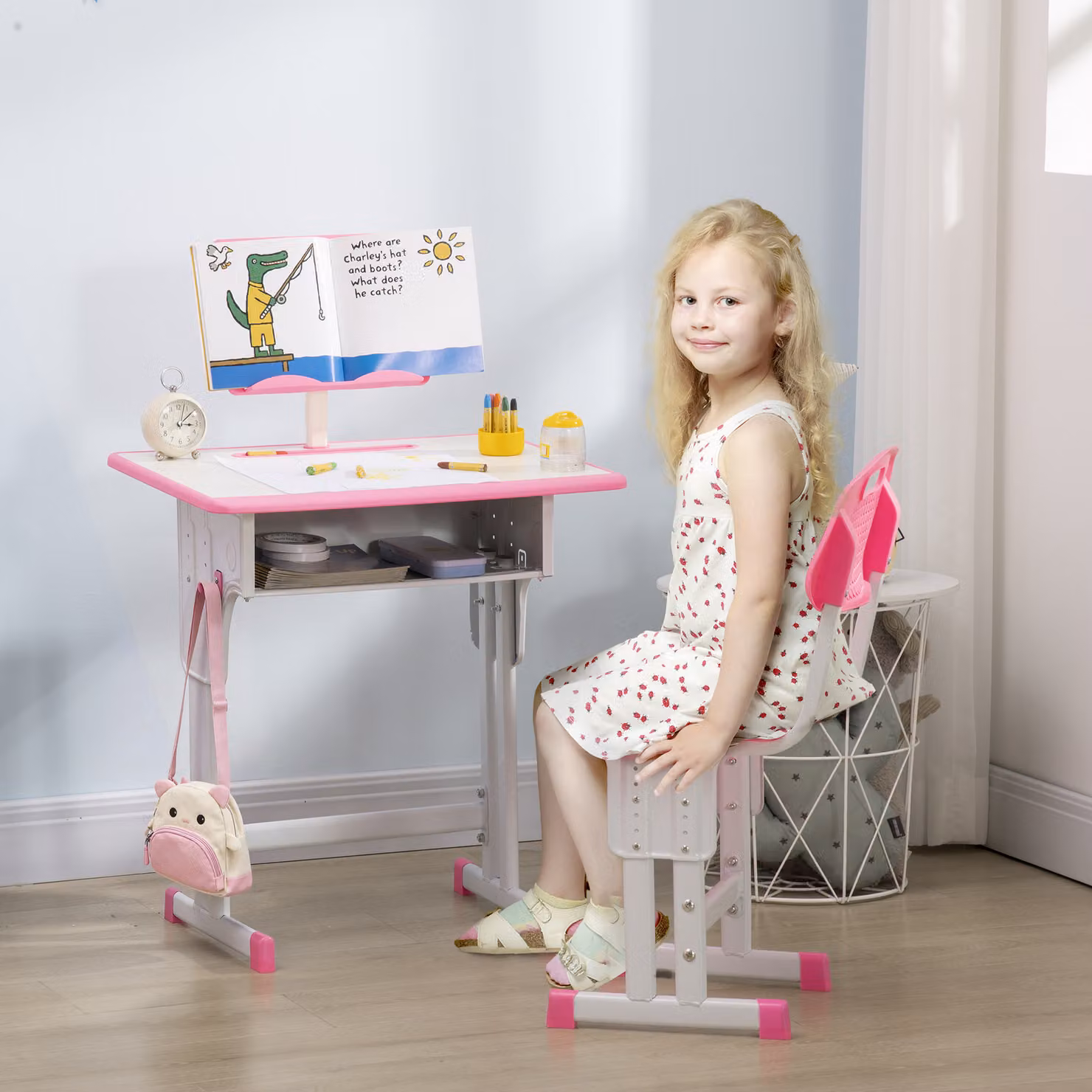 HOMCOM Childrens Height Adjustable Study Desk and Chair Set with Bookshelf in Pink – 2