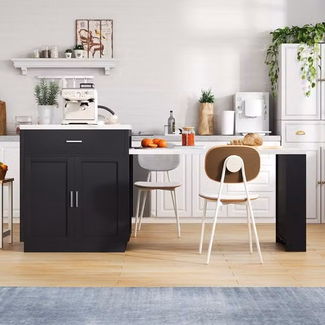 Aosom UK Black Versatile Kitchen Island with Extendable Dining Table and Adjustable Shelf, W: 211 cm, D: 55 cm, H: 89.5 cm