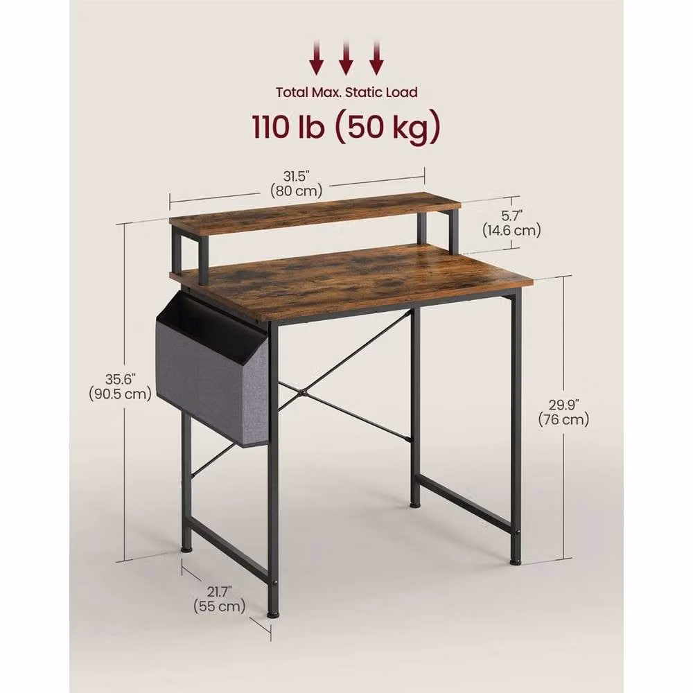 KORVIXA Computer Desk with Monitor Riser and Fabric Pouch in Brown – 2