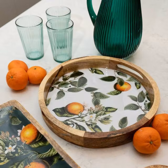 Madison & Mayfair Round Wood Tray with Orange Blossom Enamel Inlay, White, Diameter: 30 cm