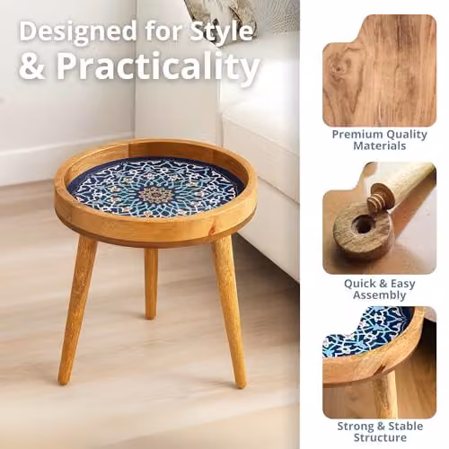 Hartsmede Marrakesh Round Mango Wood Side Table with Blue Glossy Enamel Top, W/D/H: 38 x 38 x 45.72 cm – 4