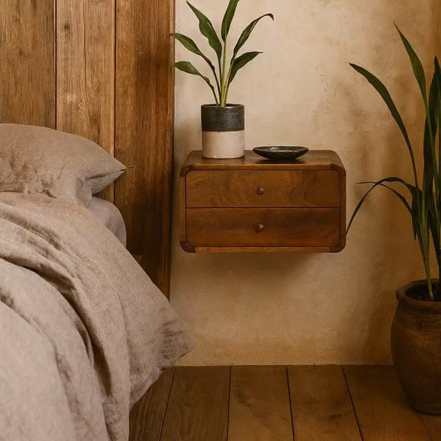 Wyld Haus Monforte Floating Curved Bedside Table in Brown Mango Wood with 2 Drawers W/D/H: 32 x 25 x 32 cm
