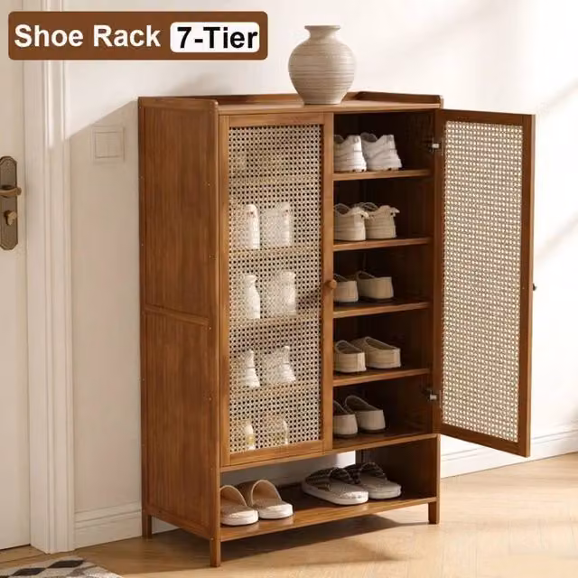 EONLION 7-Tier Brown Lacquered Wood Shoe Cabinet Storage Cupboard, W: 100 cm, H: 95 cm, D: 20 cm