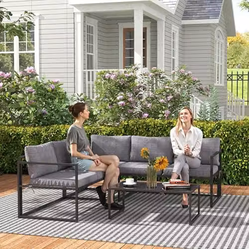 Outsunny 3 Piece L Shaped Garden Furniture Set with Upholstered Cushions in Grey – 5