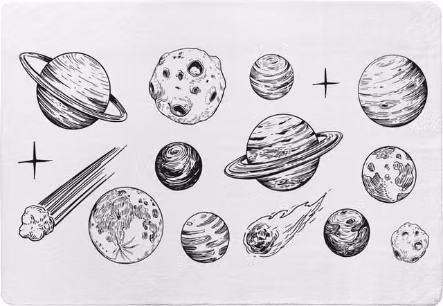 Benjamin Tate Design LTD Set of Space Objects Planets and Stars Designer Faux Fur Rug, White, W: 200 cm