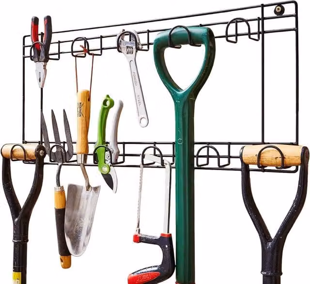 House of Home Two Tier Wall Mounted Space Tool Rack Hook Hanger in Black Metal