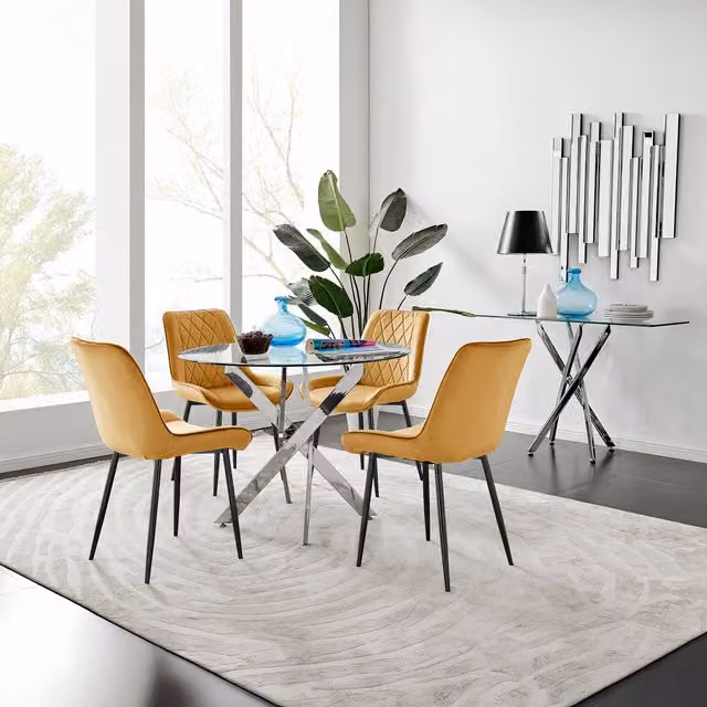 FurnitureboxUK Novara 100cm Round Glass Dining Table and 4 Pesaro Black Leg Chairs in Yellow