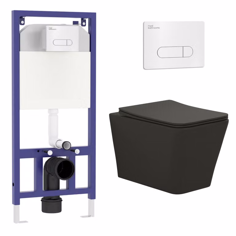 Royal Bathrooms Elena Matt Black Wall Hung Rimless Ceramic Toilet with Slim Soft Close Seat and Aqua Chrome Plate Wall Hung Frame