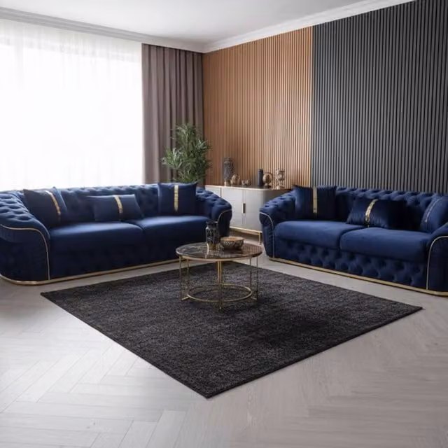 Stratus Interiors Ambassador 2+3 Sofa Set in Blue Velvet with Silver Trim