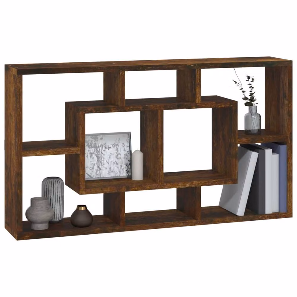 Berkfield Home Wall Mounted Cube Display Shelf with 8 Compartments in Smoked Oak Brown – 3