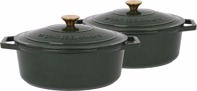 Argon Tableware 2x Oval Cast Iron Casserole Dishes with Self Basting Lids, Green, 4.68L