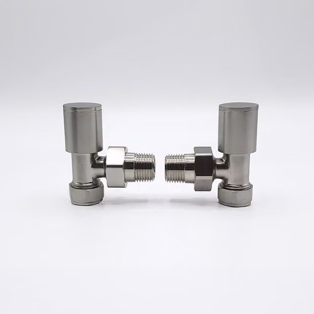 Lux Heat Angled Round Manual Valve Set in Brushed Nickel Silver Brass