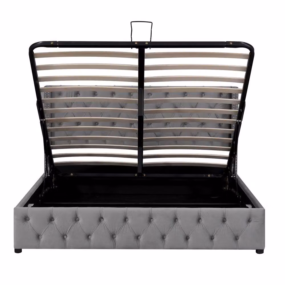 ModernLuxe Grey Velvet Upholstered King Bed with Hydraulic Lift-Up Storage and Headboard, W: 150 cm, D: 200 cm – 8