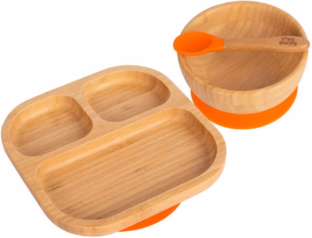 Tiny Dining Orange Bamboo and Silicone Divided Plate Dinner Set for Babies