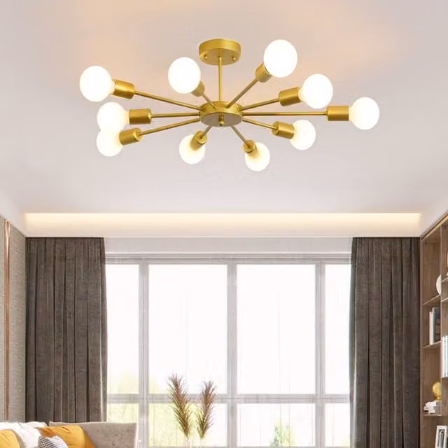 NIVOR 10-Light Industrial Mid Century Flush Mount Ceiling Chandelier in Gold/Brass – 1