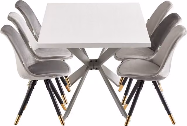Life Interiors Sofia Duke LUX Dining Set with Rectangular Table and 6 Grey Faux Leather Chairs with Gold Metal X-Frame Details