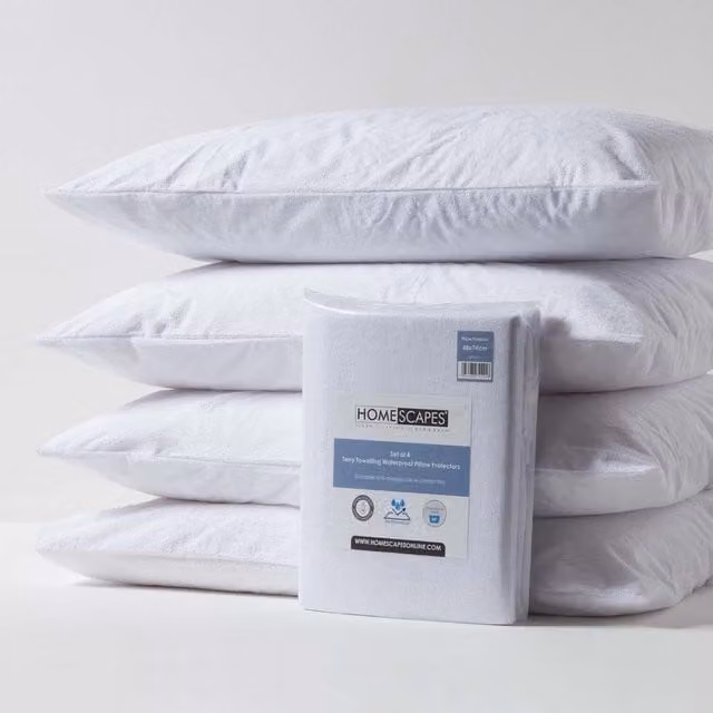 Homescapes Pack of 4 White Terry Cotton Waterproof Pillow Protectors, W: 74 cm, D: 48 cm