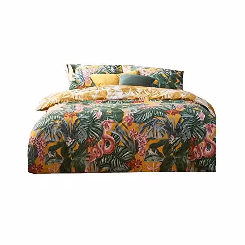 Riva Home Medinilla Reversible Floral Duvet Cover and Pillowcase Set, Yellow and Pink, W/D/H: 140 x 200 cm, Pillowcase: 50 x 75 cm